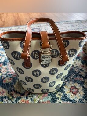 VTG Dooney & Bourke Cream Canvas Tote with Blue Logo and Brown Leather Trim